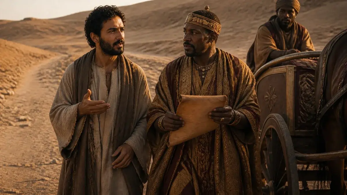 A photorealistic scene of Philip in ancient robes, walking beside a chariot on a desert road, explaining scripture to an Ethiopian official, golden hour light, no modern elements.